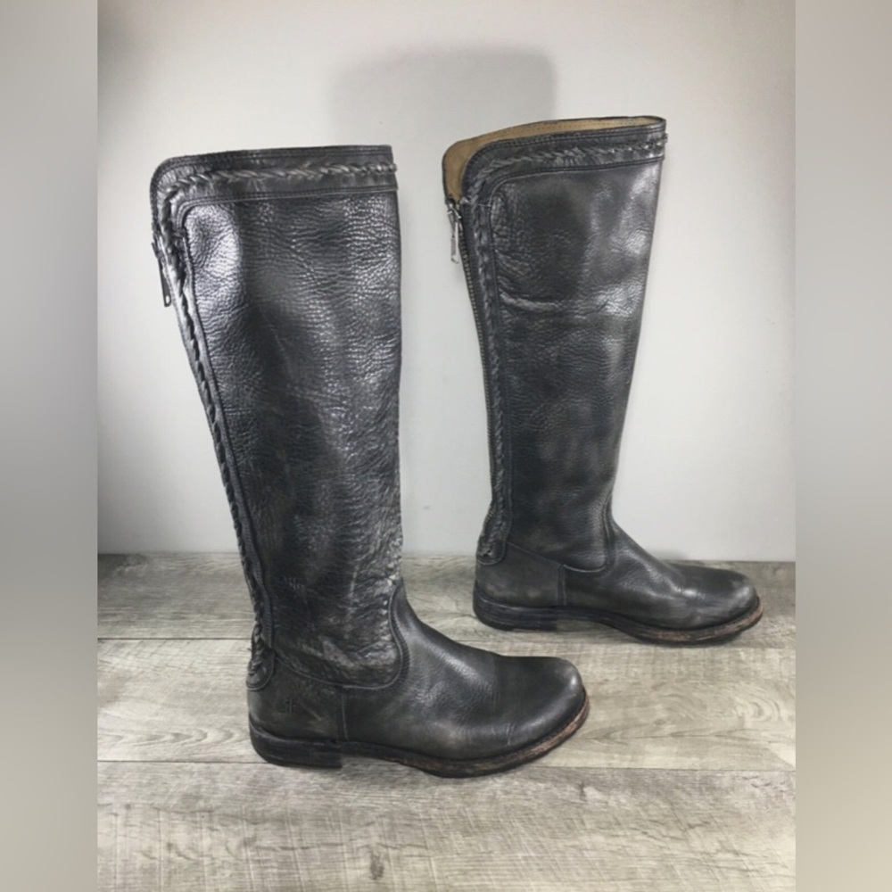 Frye 76210 Gray Leather Knee-High Riding Women’s Back Zip Braided Boots Size 8.5 - Picture 2 of 10